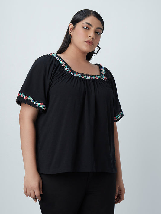 Gia Curves Black Floral-Embroidered Top