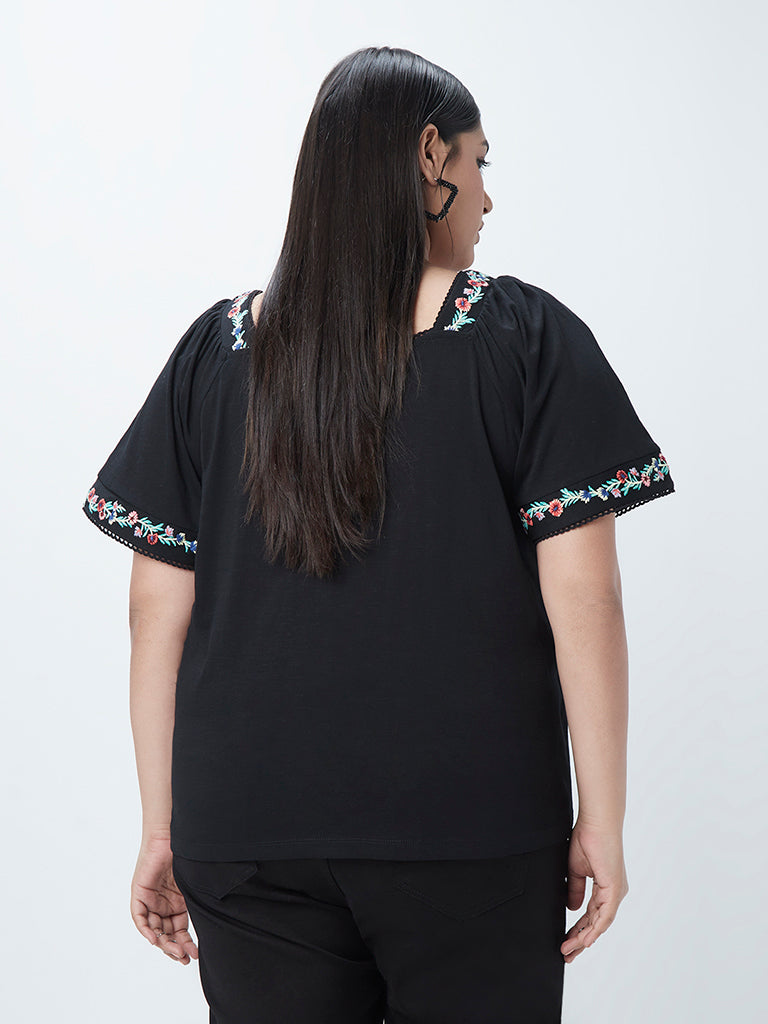 Gia Curves Black Floral-Embroidered Top