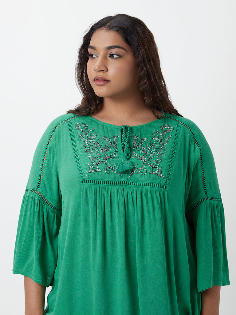 Gia Curves Green Embroidered Peasant Top