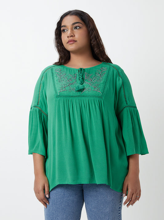 Gia Curves Green Embroidered Peasant Top