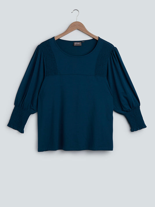 Gia Curves Teal Smocked Detail Top