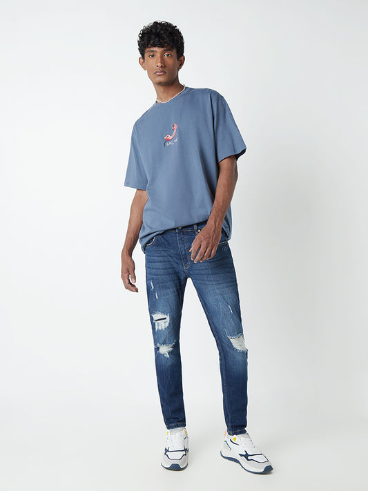 Nuon Blue Printed Relaxed-Fit T-Shirt