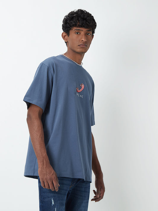 Nuon Blue Printed Relaxed-Fit T-Shirt