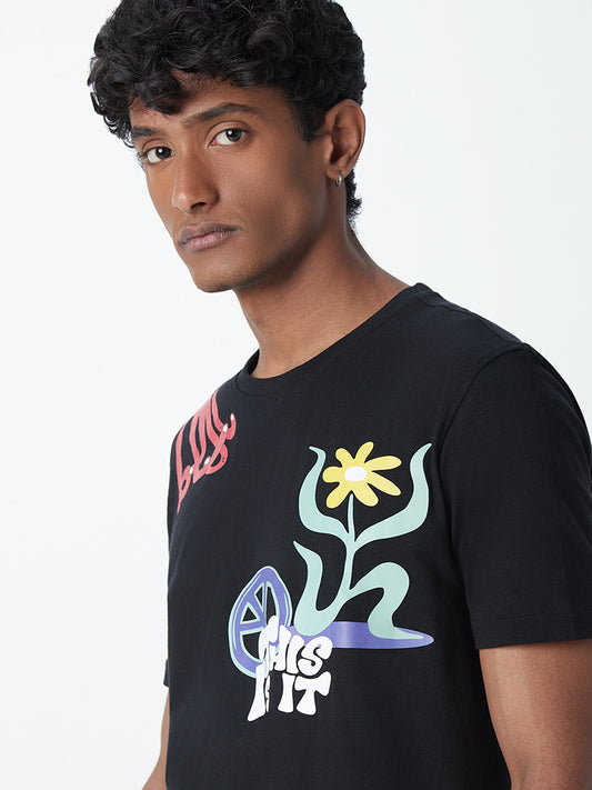 Nuon Black Printed Slim-Fit T-Shirt