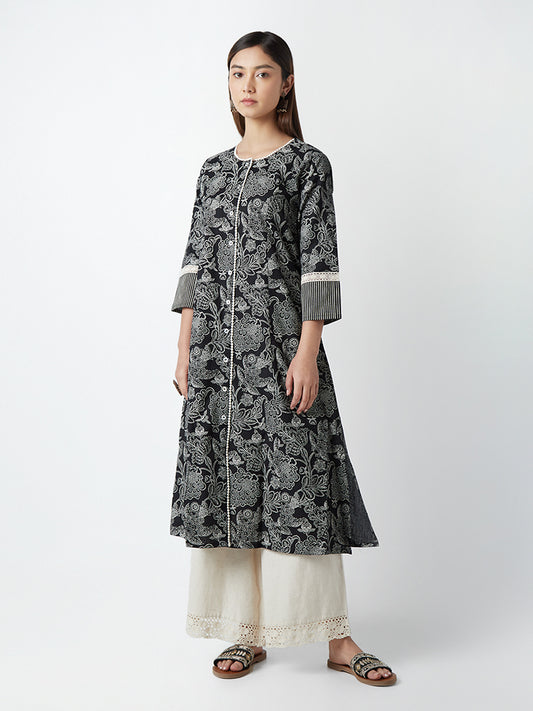 Utsa Black Floral-Printed A-Line Kurta