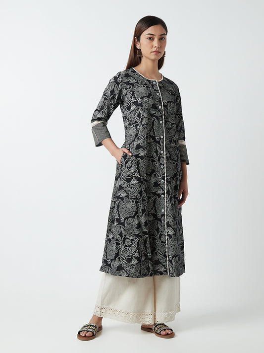 Utsa Black Floral-Printed A-Line Kurta