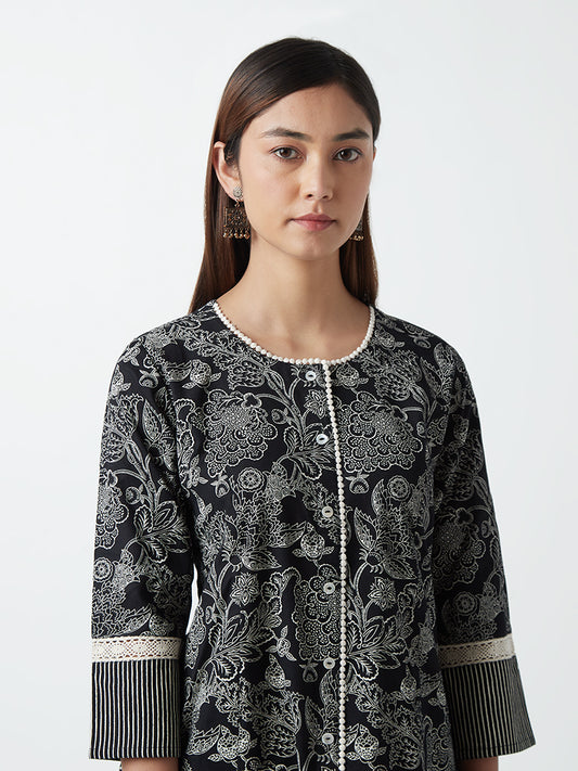 Utsa Black Floral-Printed A-Line Kurta