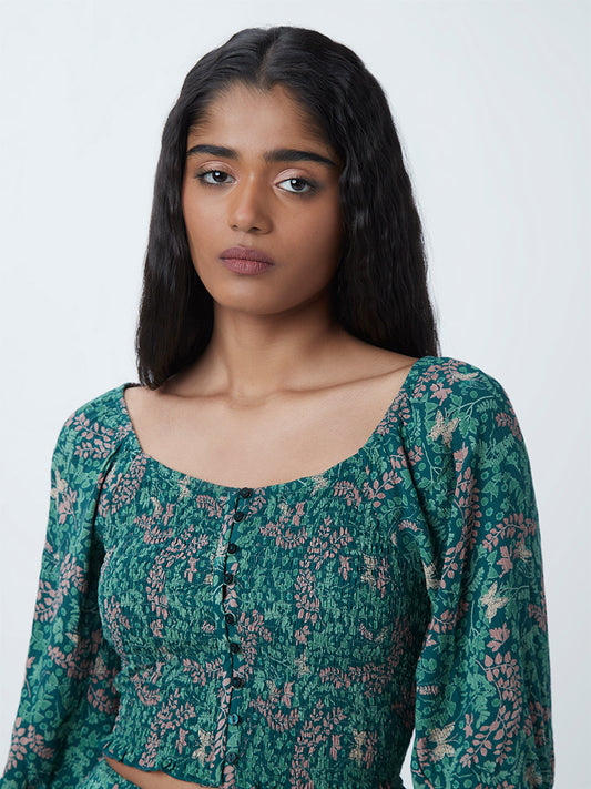 Nuon Teal Leaf-Printed Crop Top