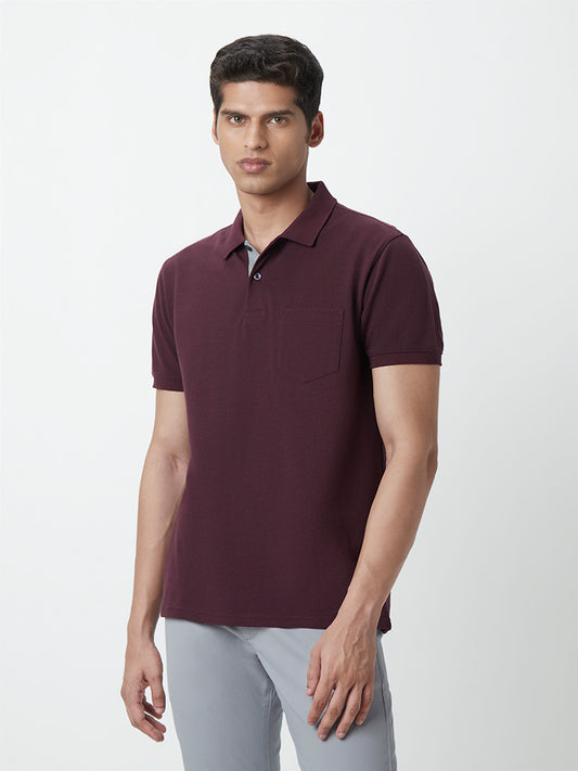 WES Casuals Wine Cotton Blend Slim-Fit Polo T-Shirt