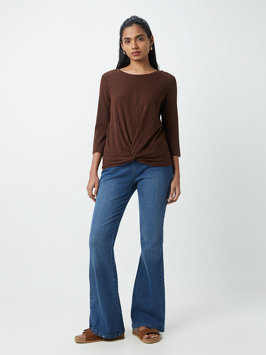 LOV Dark Brown Self-Striped Top