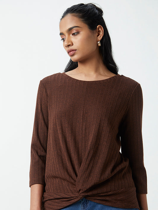 LOV Dark Brown Self-Striped Top