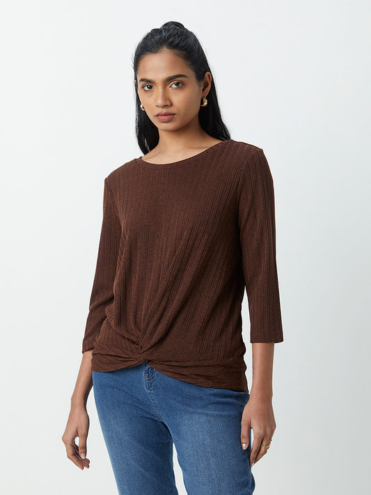 LOV Dark Brown Self-Striped Top