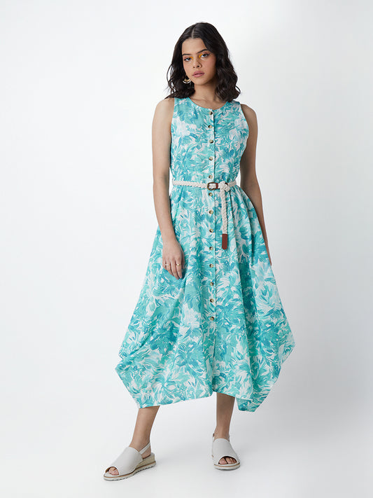 Bombay Paisley Blue Asymmetric Dress With Belt