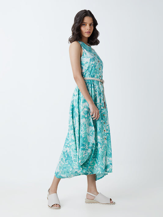 Bombay Paisley Blue Asymmetric Dress With Belt