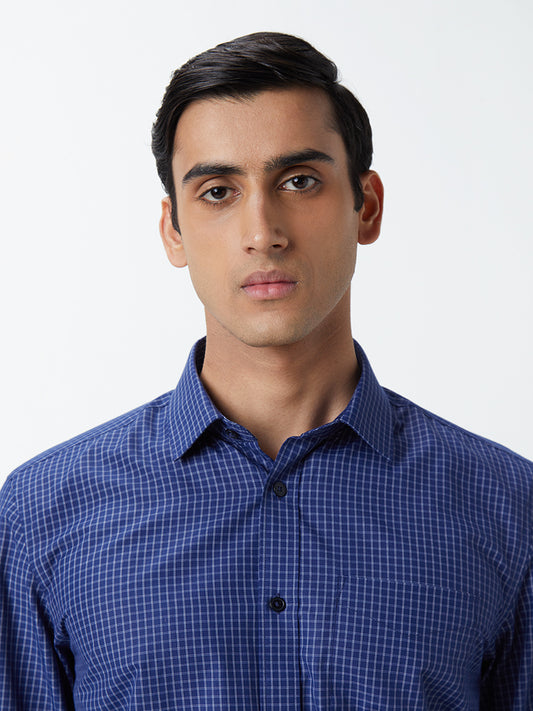 WES Formals Dark Blue Checkered Relaxed-Fit Shirt