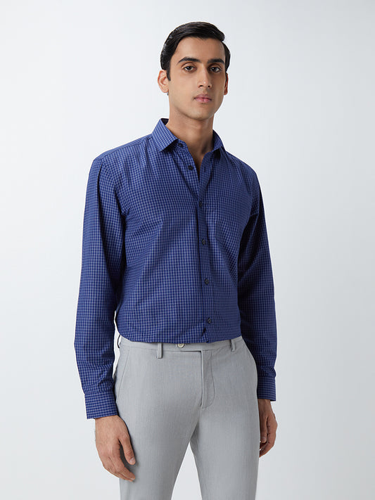 WES Formals Dark Blue Checkered Relaxed-Fit Shirt