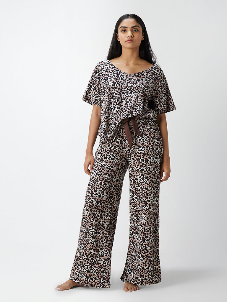 Wunderlove Brown Printed Relaxed-Fit Supersoft Pyjamas