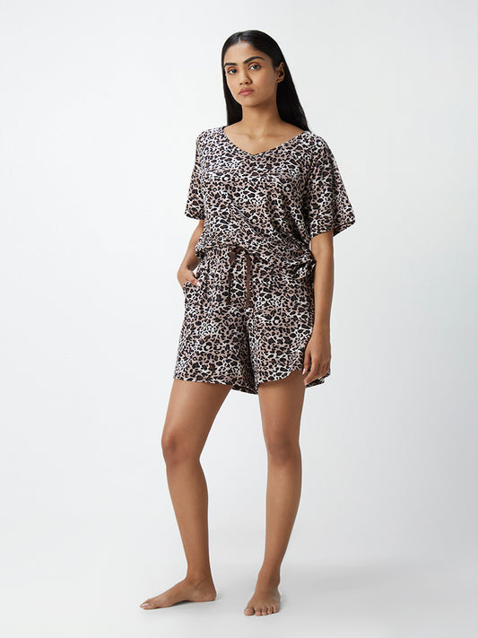Wunderlove Brown Printed Relaxed-Fit Supersoft Shorts