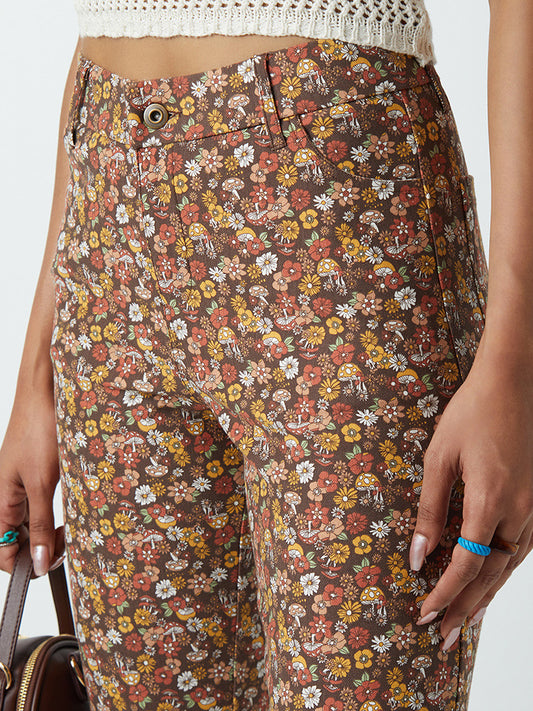Nuon Brown Floral Print Bootcut Pants