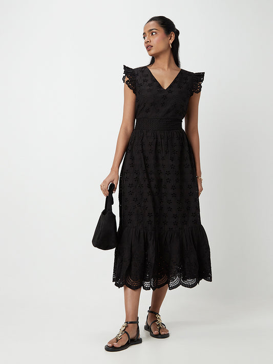 LOV Black Schiffli Detailed Tiered Dress
