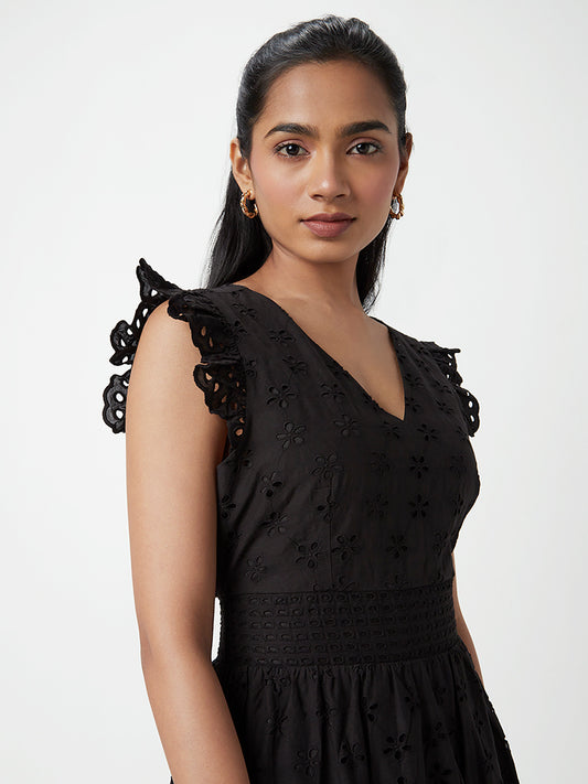 LOV Black Schiffli Detailed Tiered Dress