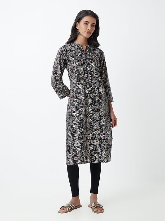 Utsa Black Abstract-Patterned Straight Kurta