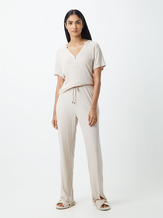 Wunderlove Beige Self-Patterned Supersoft Rib Pyjamas