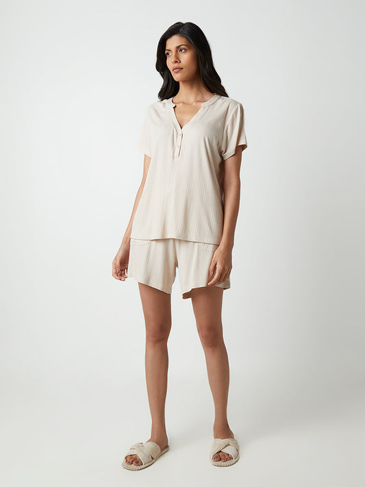 Wunderlove Light Beige Self-Striped Supersoft Rib Shorts