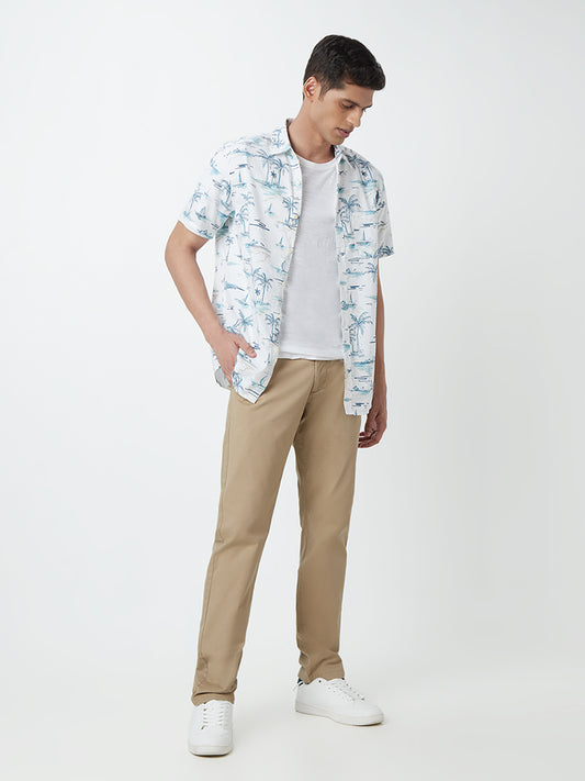WES Casuals Light Teal Printed Slim-Fit Shirt