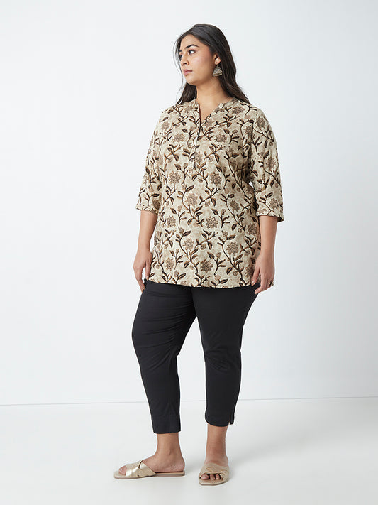 Diza Curves Light Brown Floral-Printed Ethnic Top