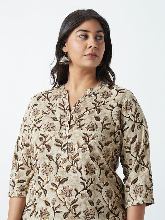 Diza Curves Light Brown Floral-Printed Ethnic Top