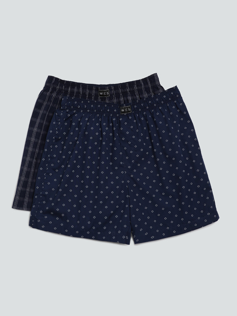 WES Lounge Navy Printed Relaxed-Fit Boxers - Pack of 2