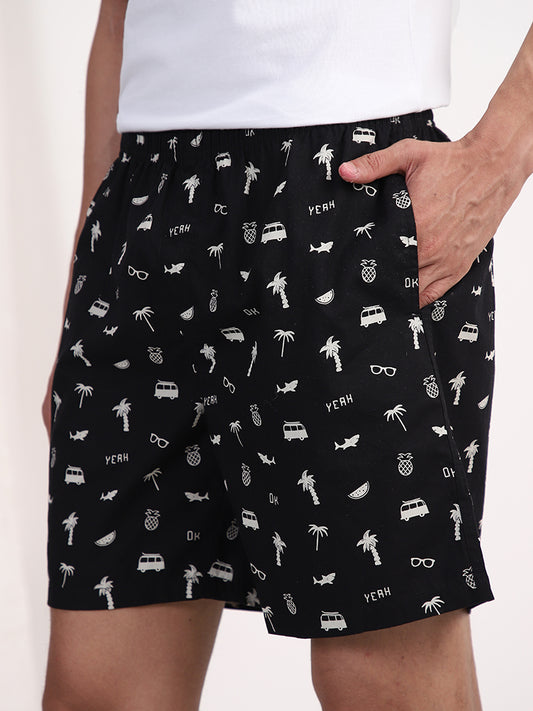 WES Lounge Black Tropical Printed Relaxed-Fit Boxers