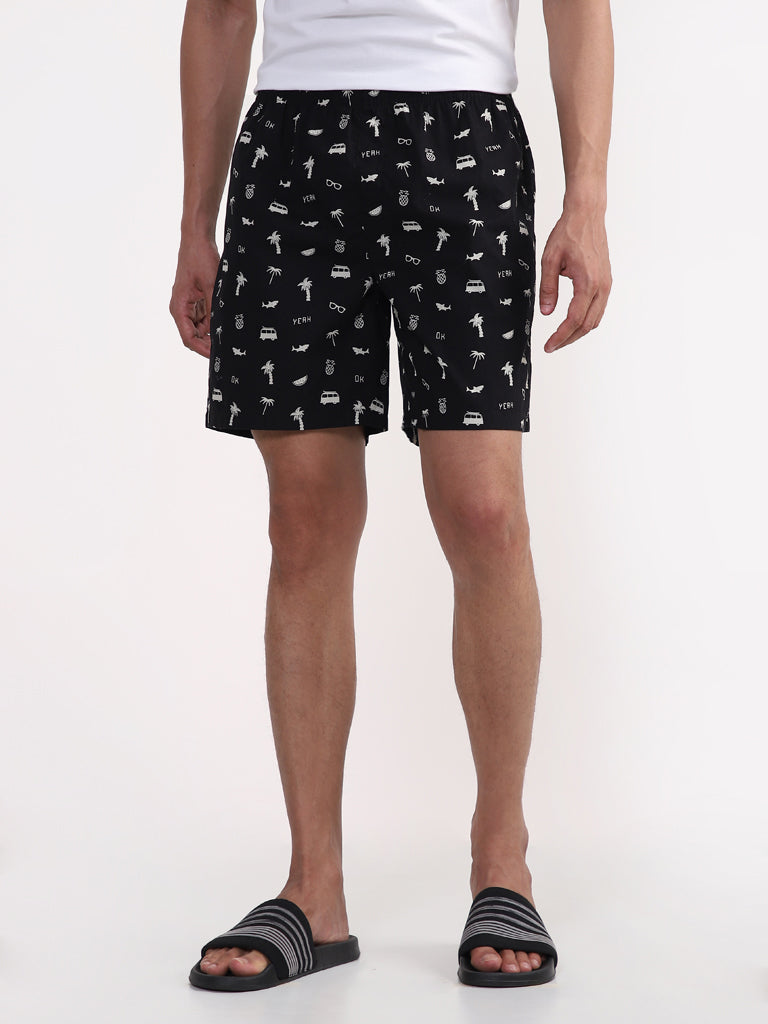 WES Lounge Black Tropical Printed Relaxed-Fit Boxers