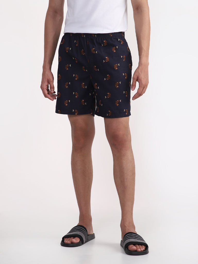 WES Lounge Navy Printed Relaxed-Fit Boxers