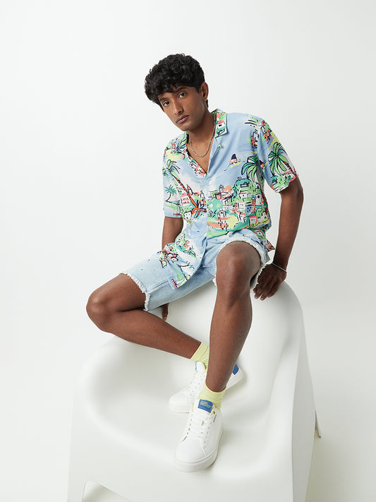 Nuon Light Blue Printed Relaxed-Fit Shirt