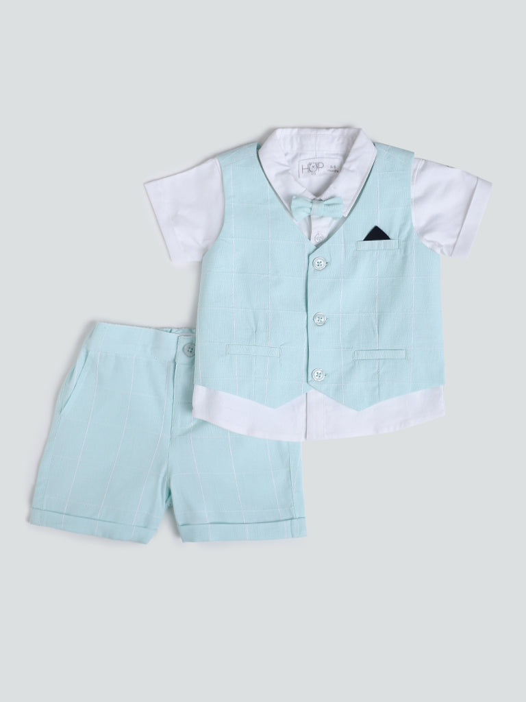 HOP Baby Checks Mint Shirt & Waist Coat with Shorts & Bow