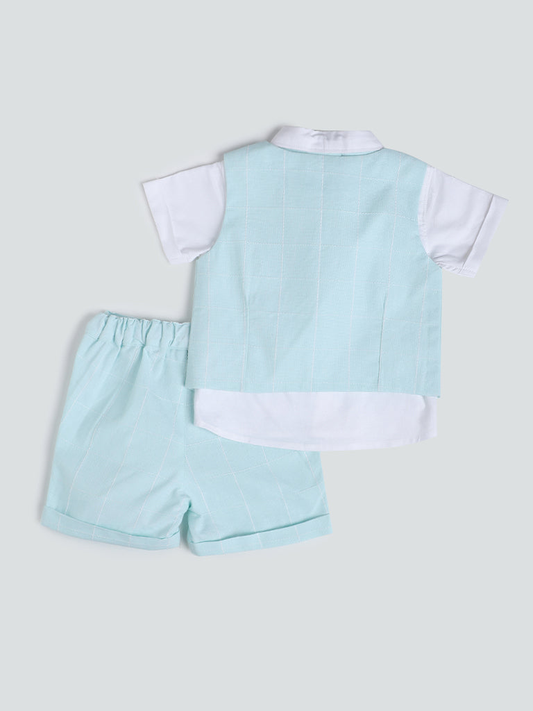 HOP Baby Checks Mint Shirt & Waist Coat with Shorts & Bow