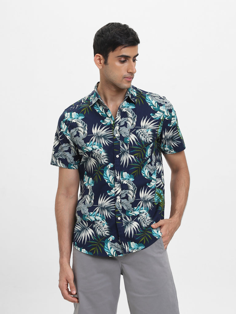 WES Casuals Printed Navy-Colored Slim Fit Shirt