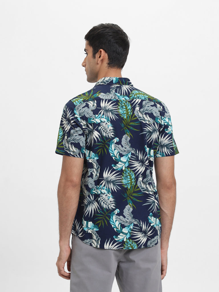 WES Casuals Printed Navy-Colored Slim Fit Shirt