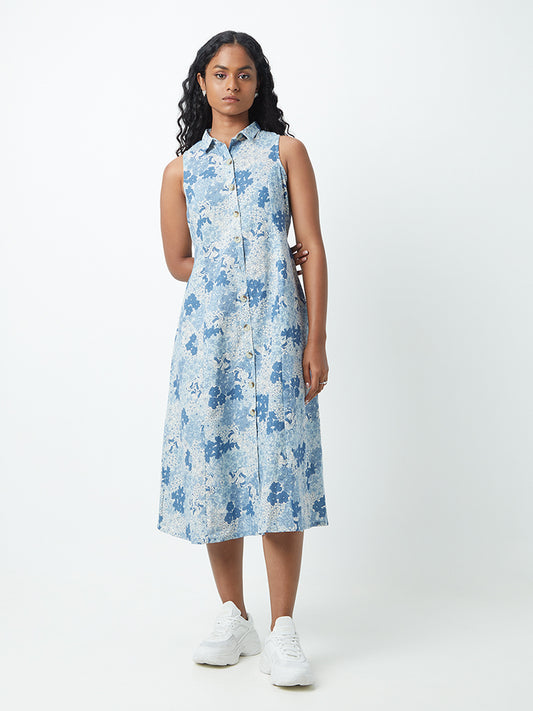 Bombay Paisley Blue Floral Print Shirtdress