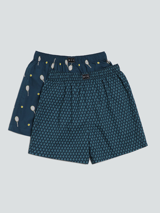 WES Lounge Light-Blue Printed Relaxed-Fit Boxers - Pack of 2