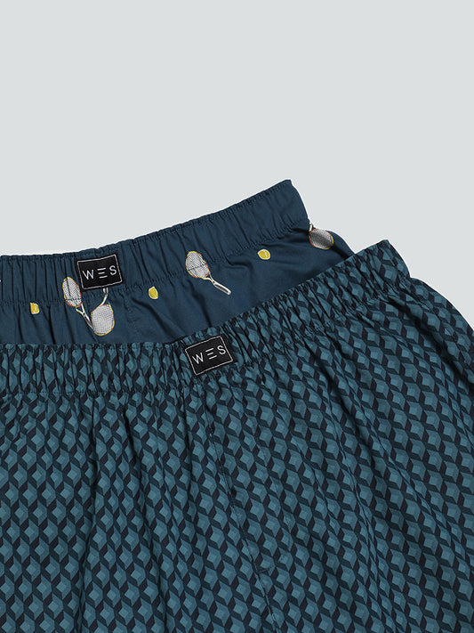 WES Lounge Light-Blue Printed Relaxed-Fit Boxers - Pack of 2