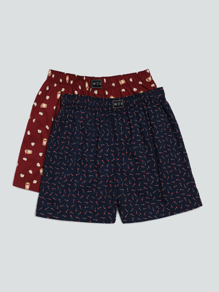 WES Lounge Navy Printed Relaxed-Fit Boxers - Pack of 2