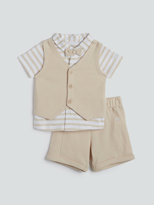 HOP Baby Beige T-Shirt, Waistcoat And Shorts Set