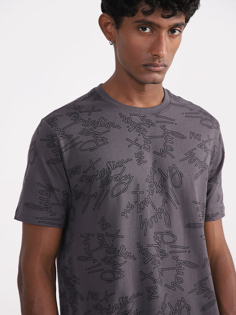 Studiofit Printed Grey Slim Fit T-Shirt