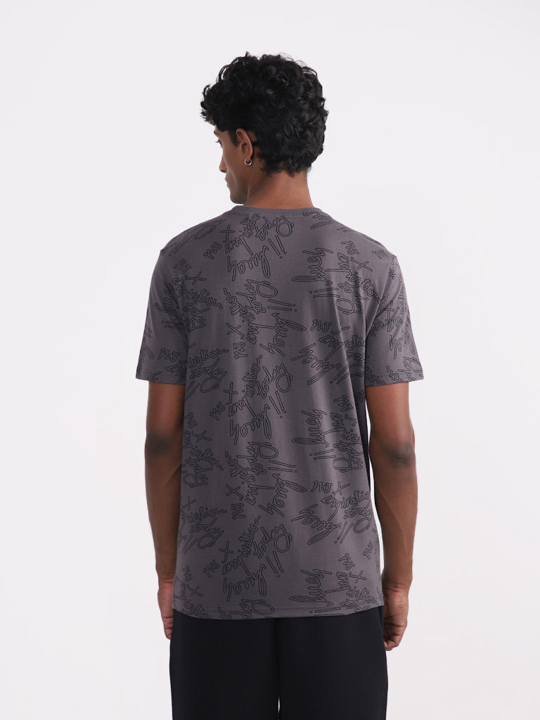 Studiofit Printed Grey Slim Fit T-Shirt