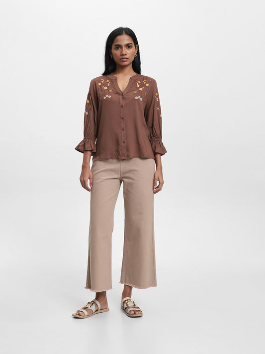 LOV Embroidered Chocolate-Colored Blouse