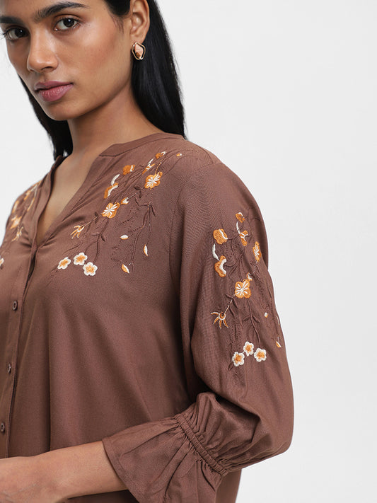 LOV Embroidered Chocolate-Colored Blouse