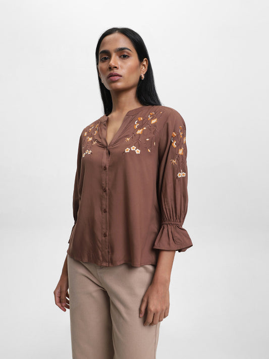 LOV Embroidered Chocolate-Colored Blouse